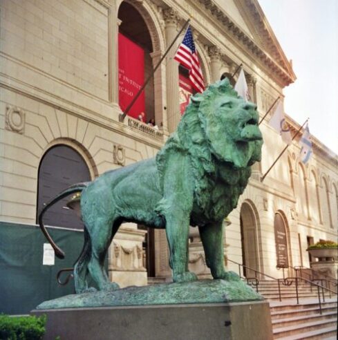 One of the two iconic bronze lions in front of the Art Institute of Chicago.